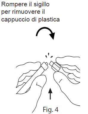 Mani che rimuovono il cappuccio di plastica da un dispositivo medico cilindrico con freccia direzionale e sigillo spezzato