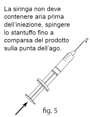 Siringa trasparente con stantuffo e ago metallico, freccia nera indica la direzione di spinta dello stantuffo per far comparire il prodotto