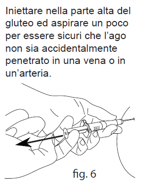 Mano che inietta farmaco nel gluteo con siringa, freccia indica direzione dell