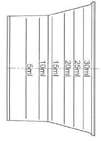 Scala graduata su siringa trasparente con indicazioni di volume da 5ml a 30ml e linee verticali parallele