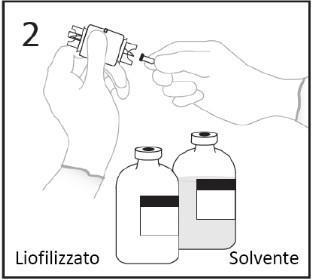 Mano che tiene una fiala liofilizzata e una siringa pronta per l