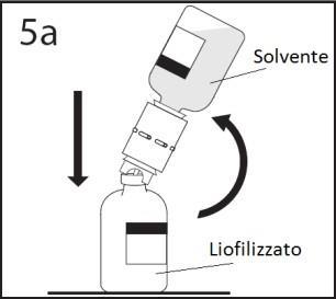 Fiala di liofilizzato inferiore con fiala di solvente superiore che viene inclinata e ruotata per miscelazione