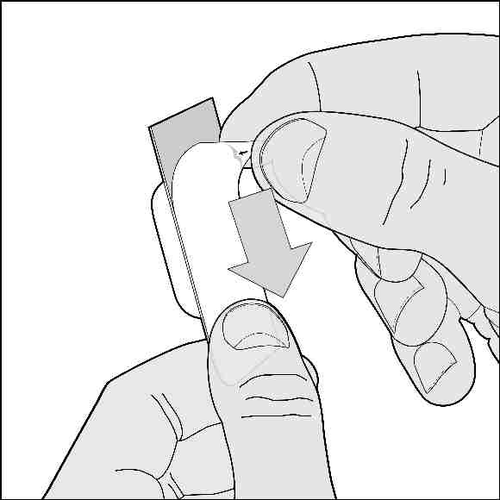 Mano che afferra un dispositivo medico bianco con freccia grigia indicante la direzione di inserimento