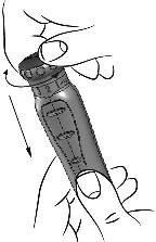 Penna iniettabile pre-riempita tenuta tra pollice e indice con frecce che indicano la rotazione e l