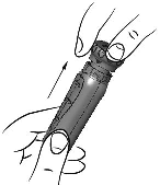 Siringa pre-riempita con stantuffo retratto e freccia che indica la direzione di iniezione sottocutanea