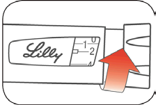 Penna iniettabile Lilly con scala graduata da 1 a 2 e freccia rossa che indica la direzione di estrazione
