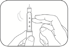 Mano che tiene un dispositivo per iniezione con ago visibile e numeri indicativi sul corpo principale