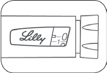Penna iniettabile Lilly con stantuffo visibile e logo stilizzato con numeri e simboli incisi