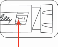 Penna iniettabile Lilly con scala graduata da 12 unit&agrave; e freccia rossa che indica il punto di iniezione
