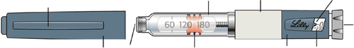 Penna per insulina Lilly con scala graduata da 60 a 180 unit&agrave;, tappo protettivo blu e ago avvitato all&rsquo;estremit&agrave; destra