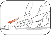 Penna iniettabile con ago fissato e cappuccio protettivo rimosso freccia rossa indica direzione di inserimento