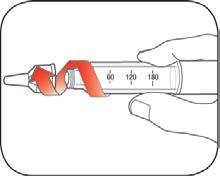 Siringa preriempita con stantuffo retratto e freccia rossa che indica la direzione di estrazione del cappuccio protettivo