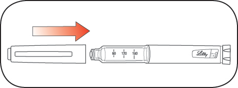 Penna per iniezione con scala graduata da 60 a 180 e freccia arancione che indica la direzione di inserimento dell