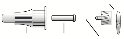 Siringa smontata con stantuffo, cilindro, ago con protezione e tappo di gomma laterale