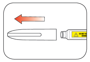 Siringa preriempita con ago protetto da cappuccio scorrevole e freccia rossa che indica la direzione di rimozione