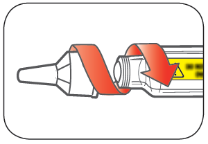 Siringa preriempita con stantuffo retratto e freccia rossa che indica il movimento di estrazione del cappuccio protettivo