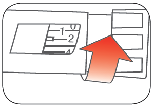 Schema che mostra una fiala numerata 1 e 2 con una freccia rossa che indica la direzione di inserimento