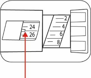 Schema di una cartuccia graduata con numeri 24, 26 e freccia rossa che indica il livello del liquido