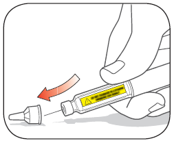 Siringa preriempita con ago protetto, freccia rossa indica rotazione per rimuovere il cappuccio protettivo e preparare l