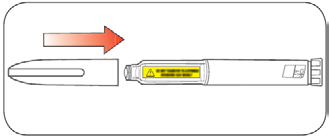 Penna iniettabile con ago protettivo scorrevole indicato da una freccia arancione verso il punto di inserimento