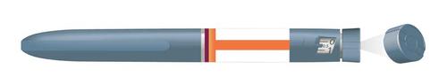 Penna per iniezione preriempita con stantuffo arancione visibile e cappuccio protettivo blu rimosso parzialmente