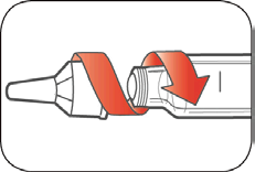 Siringa preriempita con ago protetto da cappuccio rosso e freccia che indica la rotazione per rimuoverlo
