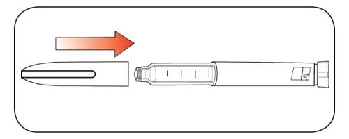 Penna iniettabile con ago protettivo scorrevole indicato da una freccia rossa verso il corpo della penna