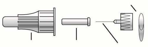 Componenti di una siringa smontata: pistone, corpo cilindrico, ago con protezione e tappo di gomma trasparente