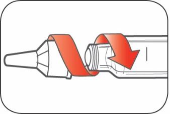 Siringa preriempita con stantuffo retratto e freccia rossa che indica la direzione di rotazione per rimuovere il cappuccio protettivo