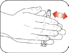 Mano che tiene due fiale mediche trasparenti con freccia rossa bidirezionale che indica movimento di agitazione
