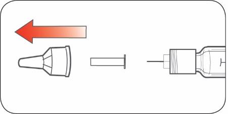 Fiala con stantuffo e ago, con freccia rossa che indica il collegamento tra ago e siringa per l