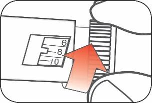 Dosatore di penna per iniezione con numeri 6, 8 e 10 visibili e freccia rossa che indica la direzione di regolazione