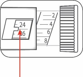 Penna iniettabile con scala graduata da 2 a 8 e indicatore rosso su 24 e 6 lungo il corpo