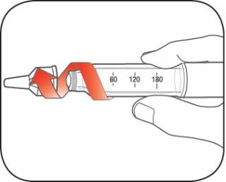 Penna iniettabile con scala graduata da 60 a 180 unit&agrave;, freccia rossa che indica la rotazione del selettore e mano che la tiene
