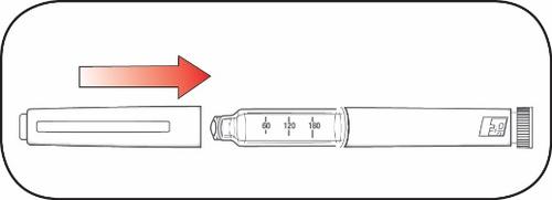 Penna per iniezione con cartuccia inserita e freccia rossa che indica la direzione di inserimento