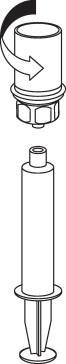 Fiala con stantuffo e base, freccia curva indica la rotazione per l