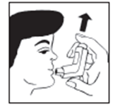 Profilo di una persona che utilizza un inalatore orale con la freccia che indica la direzione dell