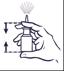 Mano che spruzza un liquido da un erogatore, frecce verticali indicano la distanza corretta per l