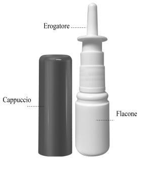 Flacone spray nasale bianco con erogatore e cappuccio protettivo nero separato accanto
