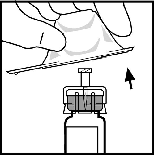 Mano che preme un dispositivo di iniezione automatica su una cartuccia medicinale con freccia direzionale indicante l
