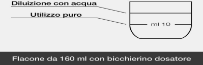 Flacone da 160 ml con indicatore di volume graduato fino a 10 ml e scritta