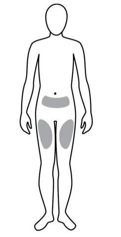Schema corporeo umano con evidenziate le aree di iniezione intramuscolare nelle cosce e nella regione glutea