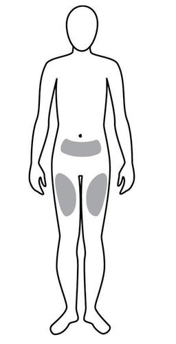 Figura stilizzata del corpo umano con aree ombreggiate che indicano i siti di iniezione nella regione addominale e nelle cosce