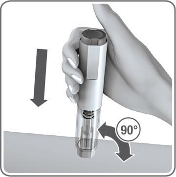Mano che tiene un autoiniettore con freccia rivolta verso il basso e indicazione di rotazione di 90 gradi sulla pelle