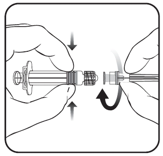 Siringa con ago collegato, frecce indicano rotazione e direzione di connessione, mani che tengono e manipolano lo strumento medico