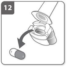 Capsula farmaceutica che esce da un blister aperto con freccia curva indicante la direzione