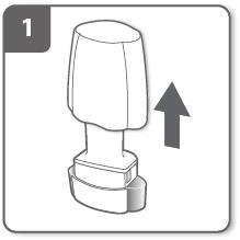 Dispositivo autoiniettante con cappuccio protettivo rimosso e freccia che indica la direzione di attivazione