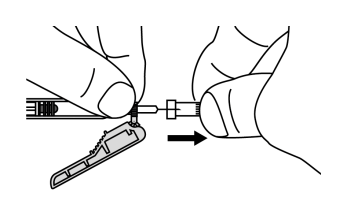 Dispositivo autoiniettante con ago esposto e protettore rimosso freccia indica direzione di iniezione
