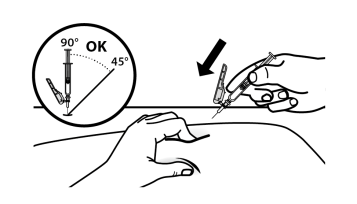 Mano che tiene una siringa inclinata a 45 gradi con ago che penetra nella pelle, freccia che indica l