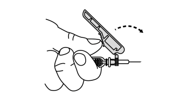 Mano che stringe un dispositivo autoiniettore con ago esteso e percorso di iniezione indicato da linea tratteggiata